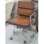 REVOLVING DESK CHAIR, Charles Eames inspired, hand finished leaf brown leather, soft pad,