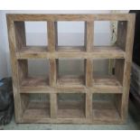 SHELVES, vintage 'Lombok' style hardwood with divided shelves, 137cm W x 137cm H x 36cm D.
