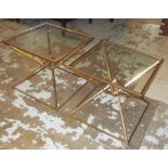 OCCASIONAL LOW TABLES, a pair, gilt metal framed, each with a square glass top,