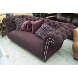 CHESTERFIELD STYLE SOFA, two seater, purple fabric, 200cm L and four scatter cushions.