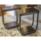 LAMP TABLES, a pair, Art Deco ebonised each with rectangular top and platform base,