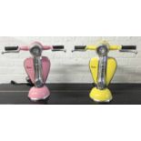VESPA SCOOTER TABLE LAMPS, two, cast aluminium yellow and pink designs, 41.5cm H.
