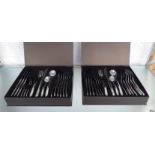 CUTLERY SETS, a pair, polished metal flatwear, boxed, 30cm x 27cm x 5cm.