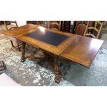 DRAW LEAF TABLE, 20th century Swiss walnut with marquetry inlay and a slate insert surface,