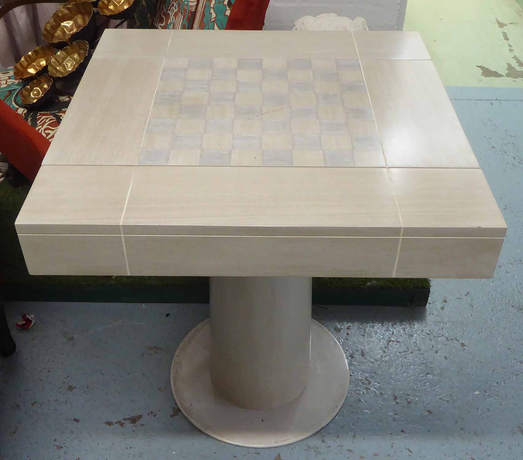 GAMES TABLE, with chess pieces and draughts in section below, on central supports, - Image 2 of 4