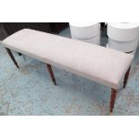 HALL SEAT, grey fabric padded seat, on turned fluted supports, 150cm x 40cm x 47cm H.