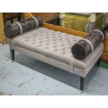 WINDOW SEAT, ebonised frame with buttoned grey tweed upholstered,