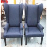 GEORGE SMITH WING ARMCHAIRS, a pair, each with blue patterned upholstery and studded decoration,