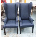 GEORGE SMITH WING ARMCHAIRS, a pair, each with blue patterned upholstery and studded decoration,