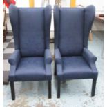 GEORGE SMITH WING ARMCHAIRS, a pair, each with blue patterned upholstery and studded decoration,