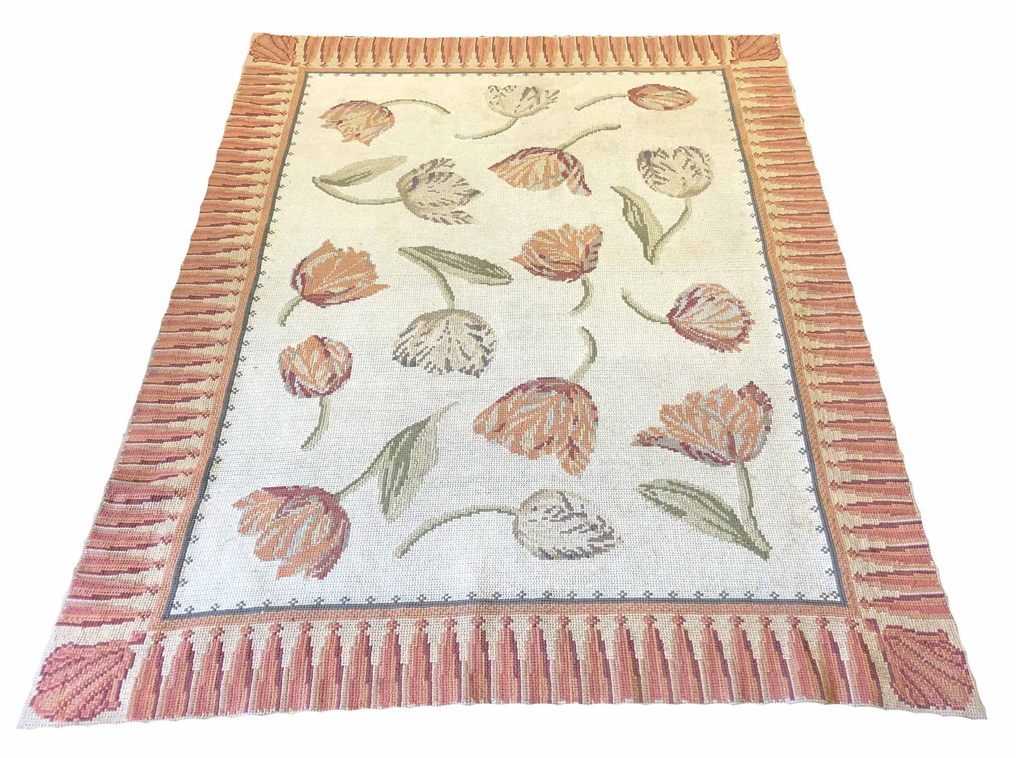 ANTIQUE PORTUGUESE RUG, 197cm x 153cm, all over tulip design within a complimentary border.