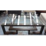 LOW TABLE, of large proportions, glass top on metal base, 140cm W x 140cm D x 43cm H.