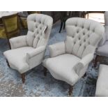 ARMCHAIRS, a pair, button back, in grey herringbone fabric, on turned castor supports, 68cm W.