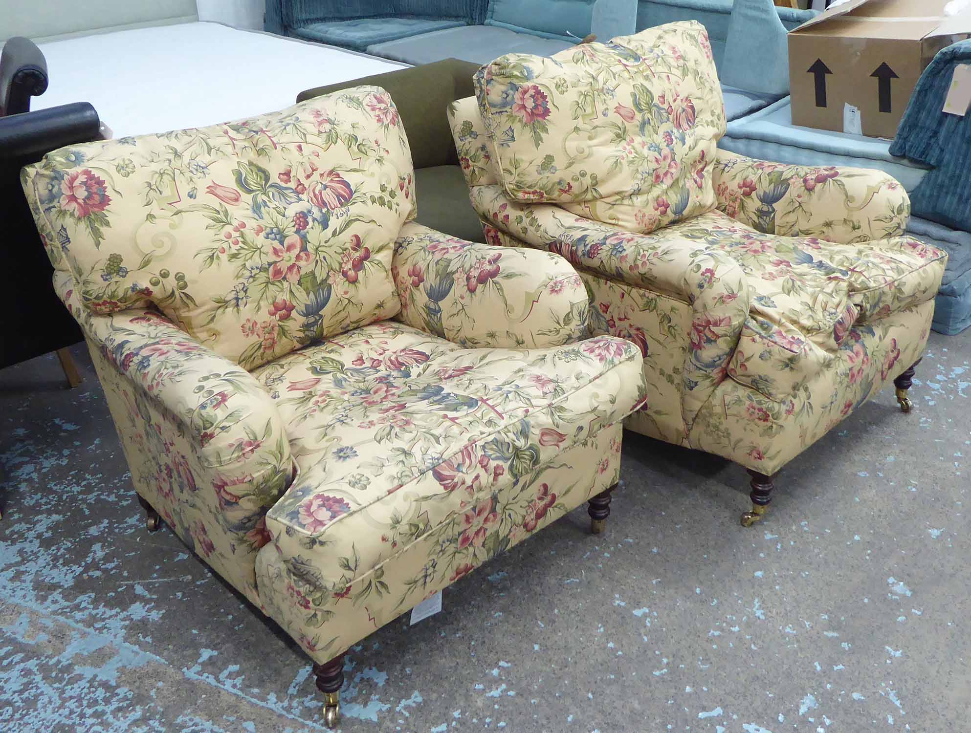 GEORGE SMITH ARMCHAIRS, a pair, Floral upholstery, in the Howard style, 80cm H.