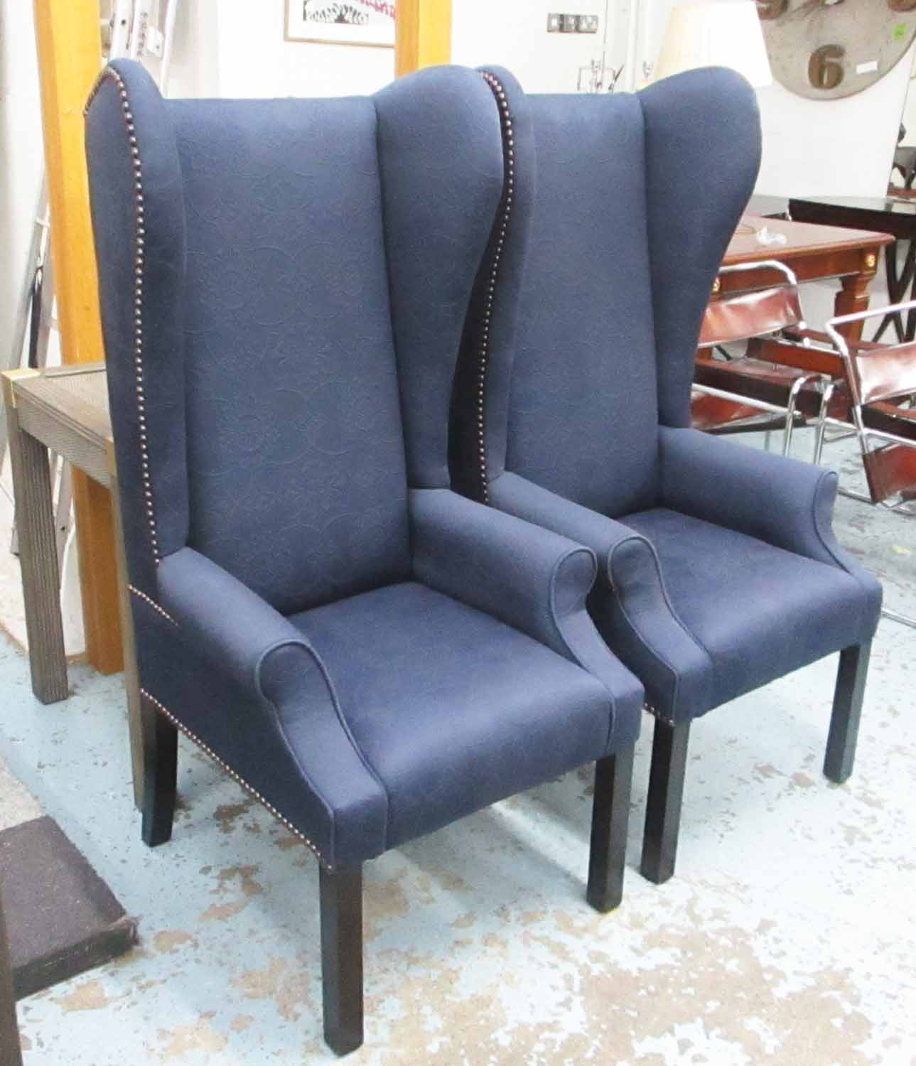 GEORGE SMITH WING ARMCHAIRS, a pair, each with blue patterned upholstery and studded decoration, - Image 2 of 2