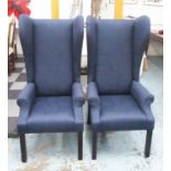 GEORGE SMITH WING ARMCHAIRS, a pair, each with blue patterned upholstery and studded decoration,