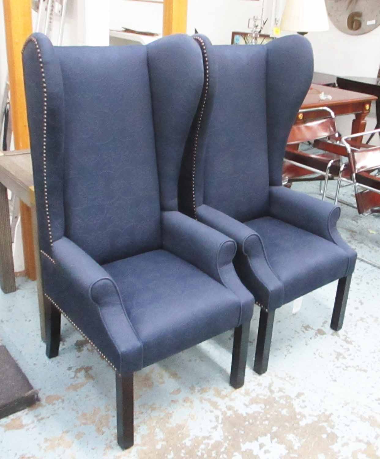 GEORGE SMITH WING ARMCHAIRS, a pair, each with blue patterned upholstery and studded decoration, - Image 2 of 2