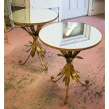 OCCASIONAL TABLES, a pair, with circular mirrored tops on gilt metal, leaf design, tripod supports,