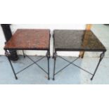 SIDE TABLES, two, one with a red granite top, on wrought iron base, 50cm W x 50cm D x 57cm H,