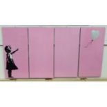 AFTER BANKSY 'Girl with balloon' air brushed and lacquered four panel set in baby pink,