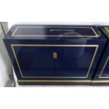 SIDE CABINET, ex-showhouse, blue lacquer and brass, cost £3500 new, 112cm W x 39cm D x 87cm H.