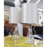 PORTA ROMANA LAMPS, a pair, with glass bases and grey shades, overall each 64cm H.