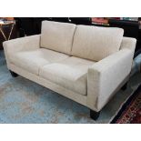 SOFA AND STOOL, contemporary design, neutral upholstery with stool in contrasting crimson,