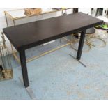 CONSOLE TABLE, dark wooden top on metal supports, 120cm x 40cm x 76cm H.