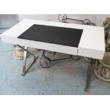 WRITING TABLE, contemporary white lacquered design, with polished metal supports,