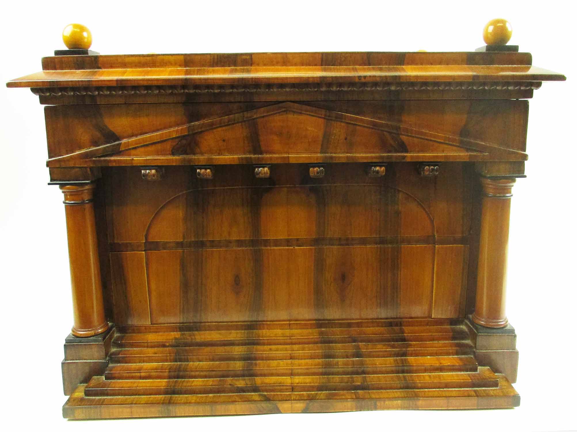 BIEDERMEIER JEWELLERY CASKET, walnut of architectural form,