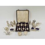 MISCELLANY OF SILVER AND PLATED WARES, including silver 'top hat' pill box, cruet items,