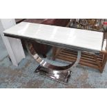 CONSOLE TABLE, polished metal, with white marble top, 40cm D x 121cm W x 77cm H.