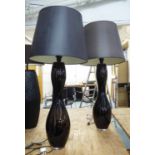 TABLE LAMPS, contemporary black glass finish, 70cm H.