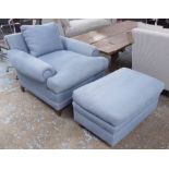 JOHN HITCH SEATING ARMCHAIR AND OTTOMAN, blue fabric finish, 70cm H.
