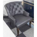 ARMCHAIR, button back in dark grey leather on square supports, 66cm W.