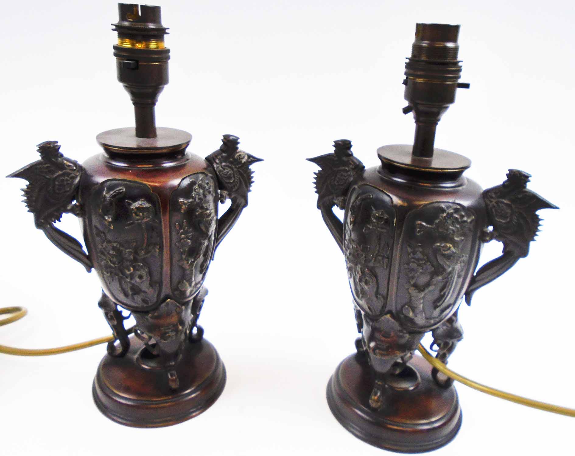 JAPANESE BRONZE TABLE LAMPS, a pair, adapted from late 19th century vases, integral stands,