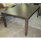 DINING TABLE, in black ash finish on square supports, 200cm x 120cm x 77cm H.