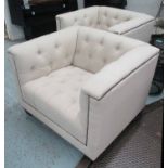 ARMCHAIRS, a pair, buttoned in a cream fabric on square supports, 91cm W.