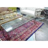 LONG LOW TABLE, framed lozenge metal grille with inset glass,