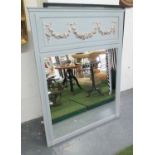 TRUMEAU MIRROR, in grey painted frame with silver painted swags above, 142cm x 115cm.