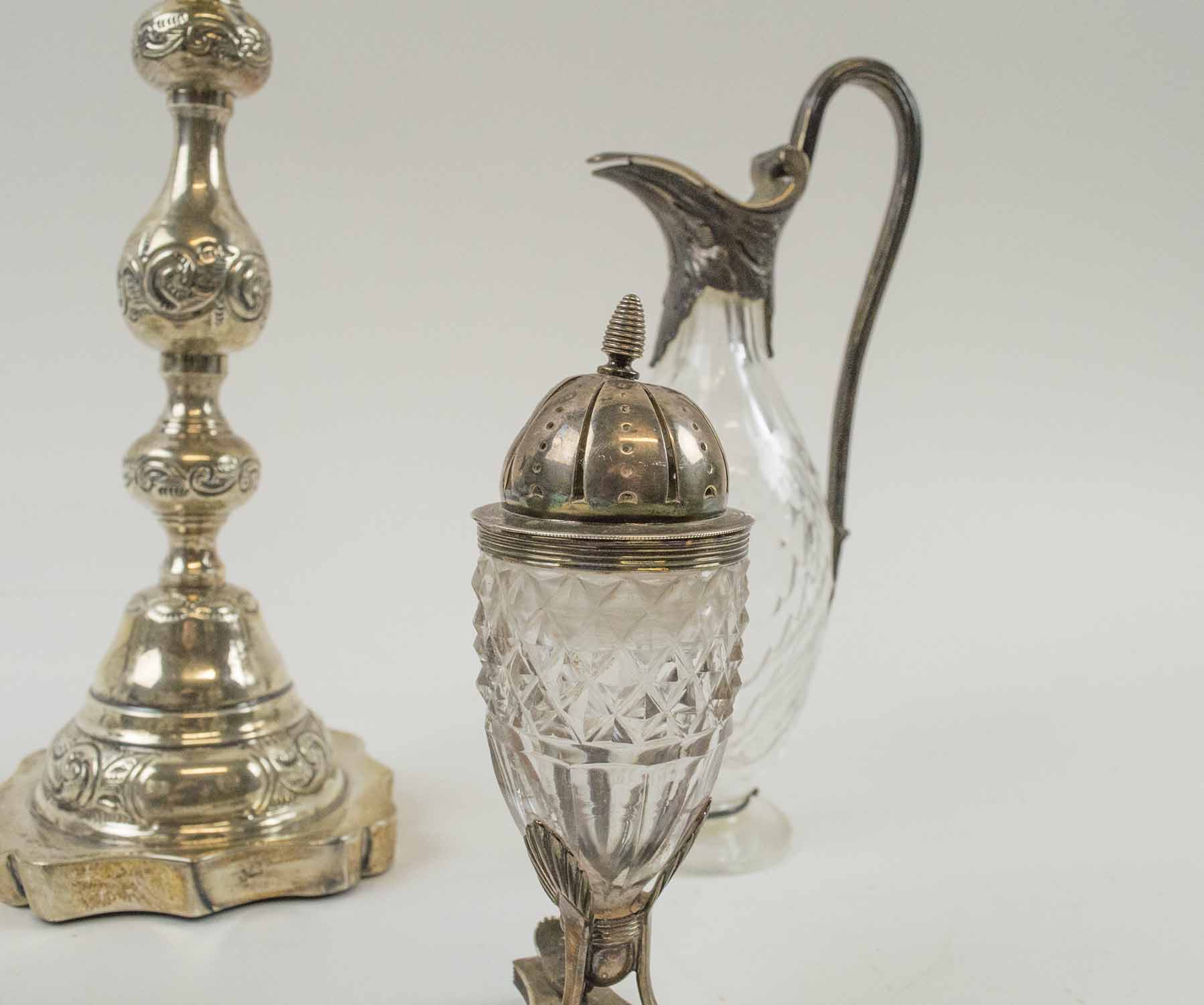 TWO FRENCH SILVER AND CUT GLASS CRUET ITEMS, plus a silver candlestick, - Image 3 of 3