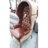 PORTER'S CHAIR, continental style, with a buttoned leather interior and linen style exterior,