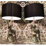 TABLE LAMPS, a pair, silvered parrot design bases with shades, 57cm H.