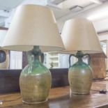 TABLE LAMPS, a pair, converted from earthen ware urns with partial green glaze,