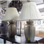 TABLE LAMPS, a pair, metal urn shaped with shades, 78cm H.