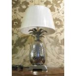 PINEAPPLE TABLE LAMP, silvered coloured with a beige shade, 69cm H.