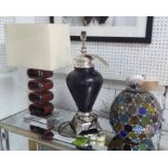 TABLE LAMPS, two, one in wood and chromed metal with shade,