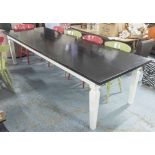 LONG DINING TABLE, solid rectangular darkened top on square tapering legs, in white painted finish,