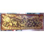 THAI PANEL, vintage carved reclining Buddha giltwood and scarlet decorated, 203cm x 75cm.