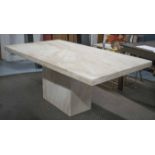 TRAVERTINE DINING/CENTRE TABLE, rectangular travertine and conforming plinth support,